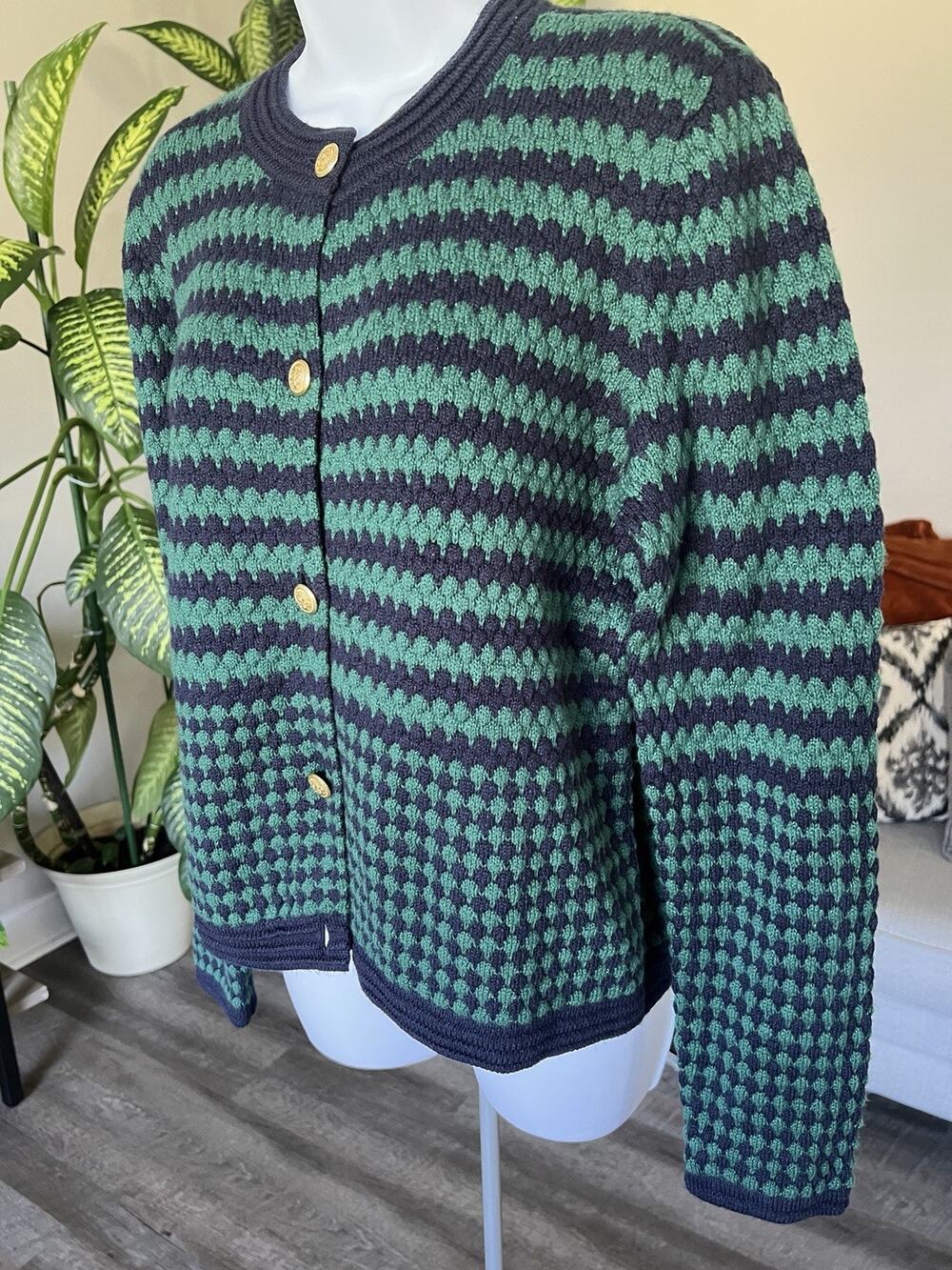 Talbots GREEN BLUE Striped Cardigan Sweater Cotton Blend Women’s M #1021